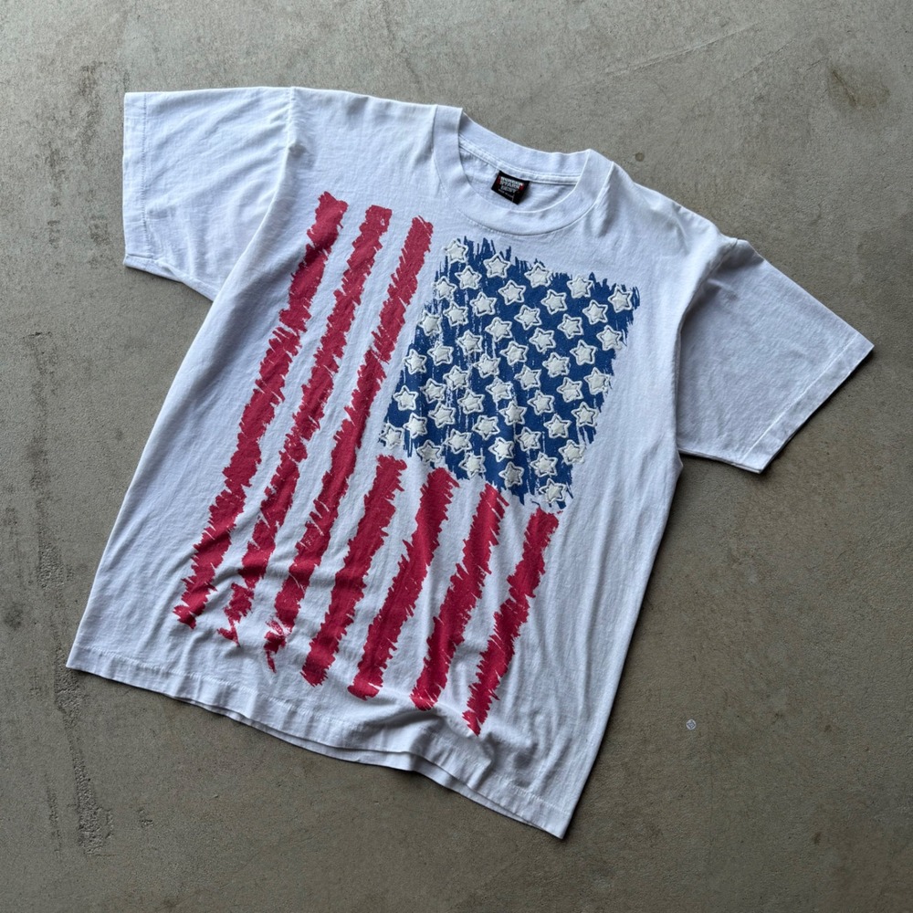 90s Mens Screen Stars Best American Flag Puff Print Graphic T-Shirt XL